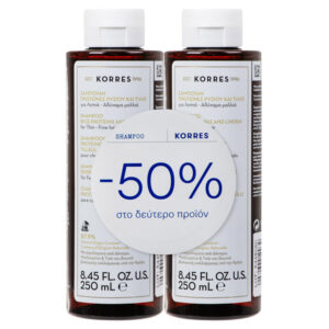Korres Σαμπουάν Για Λεπτά Αδύναμα Μαλλιά Με Πρωτεΐνες Ρυζιού Και Τίλιο 2x250ml